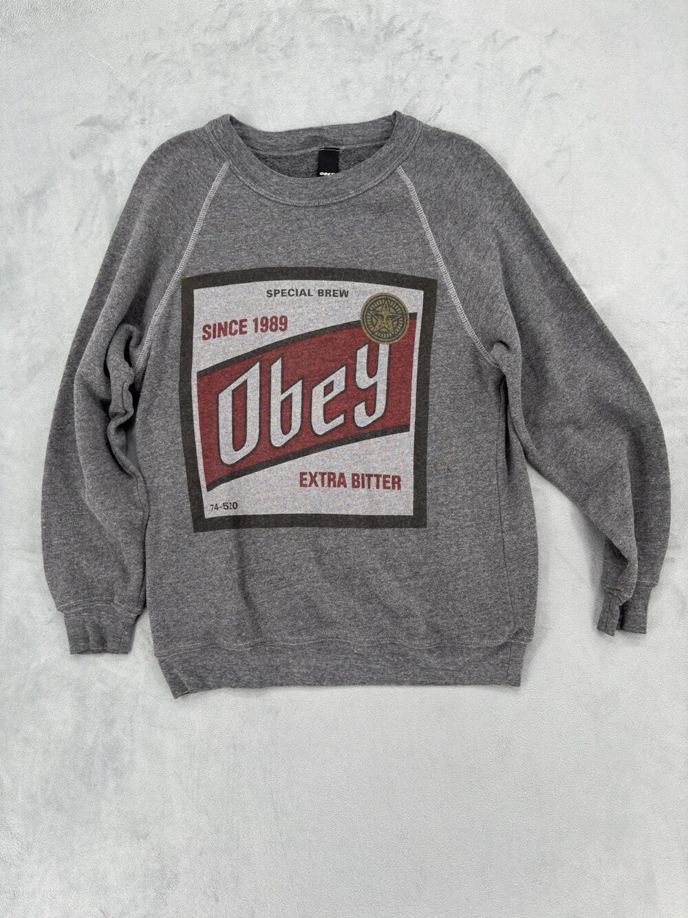 OBEY Special Brew Extra Bitter Sweatshirt Menâs Small Grey Graphic Crewneck
